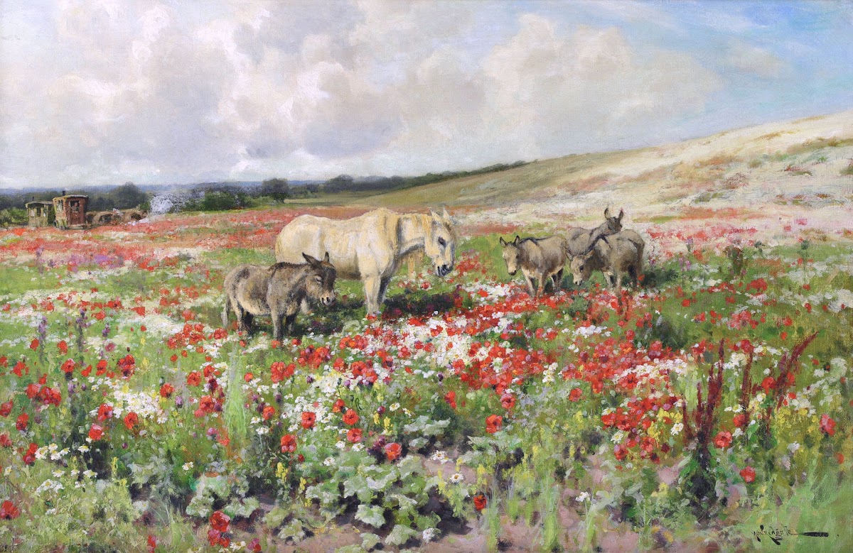 A Horse and Donkeys in a Summer Meadow with Gypsy Camp Beyond