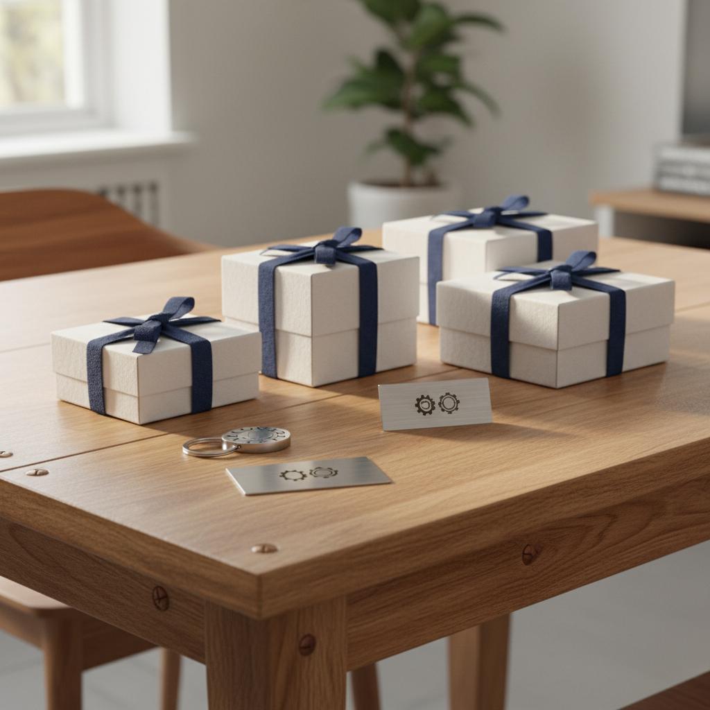 Nahaufnahme Esstisch/Werkbank mit Geschenkboxen und gravierten Metall-Schlüsselanhängern in warmer, industrieller Stimmung – geschenkideen für handwerker