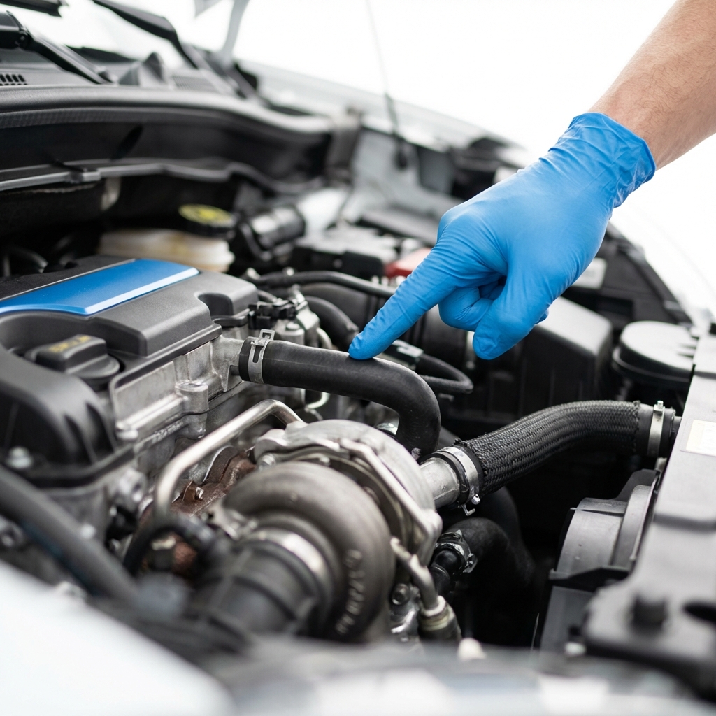 Close up photo of smart car for sale engine bay showing a mechanic pointing at the coolant hose near the turbo with a clean white background and blue brand accent