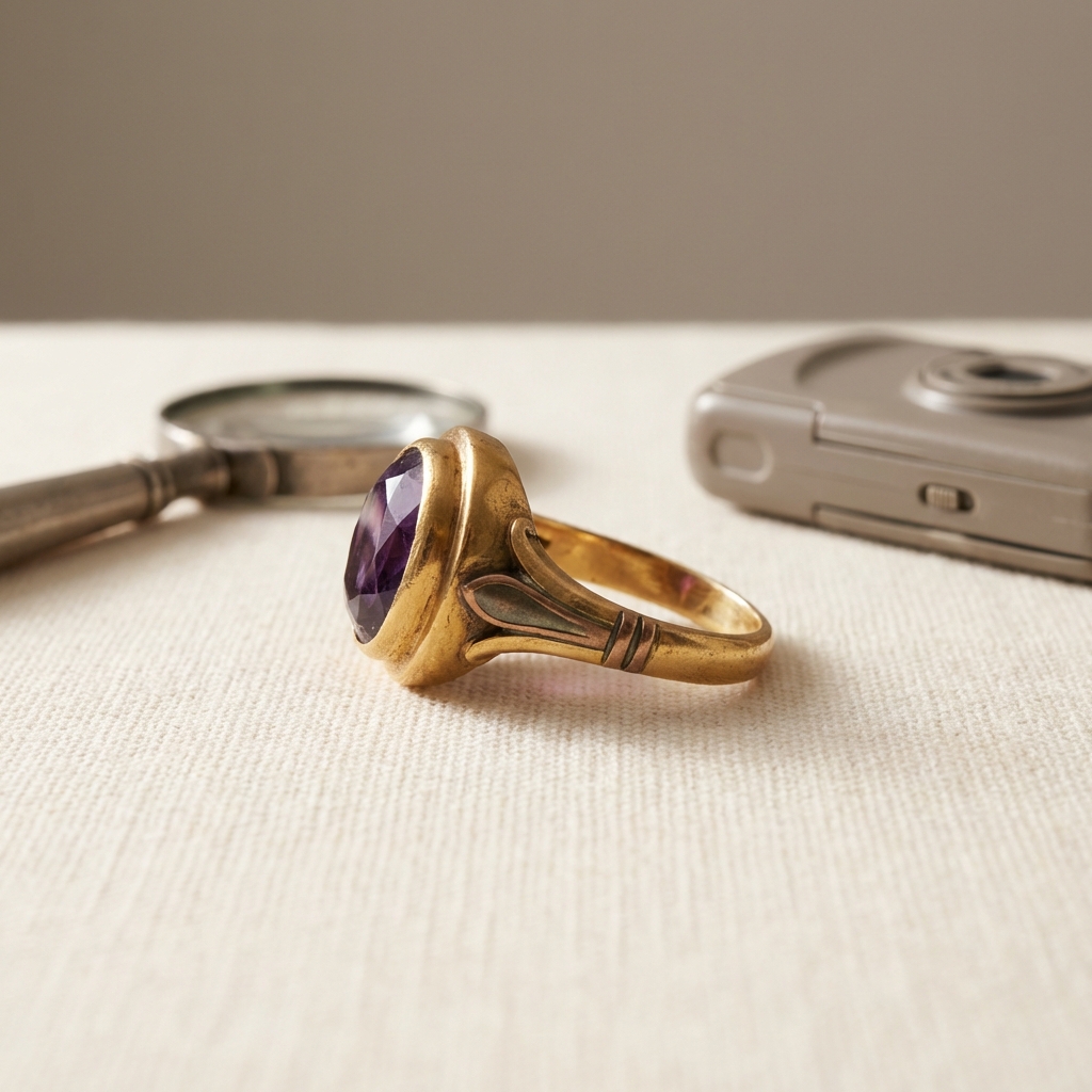Side view of an ancient amethyst ring bezel and shoulders with a magnifier and camera nearby for inspection on a warm ivory background