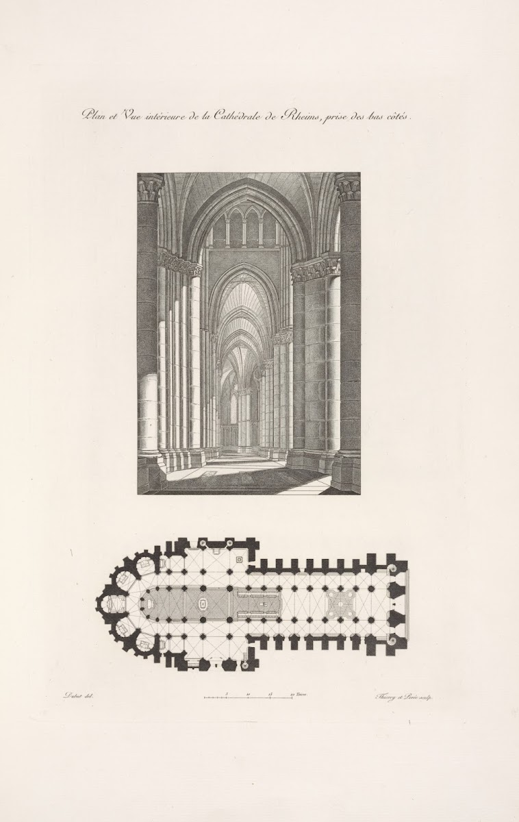 Plan et vue intérieure de la cathédrale de Rheims prise des bas côtés 1839