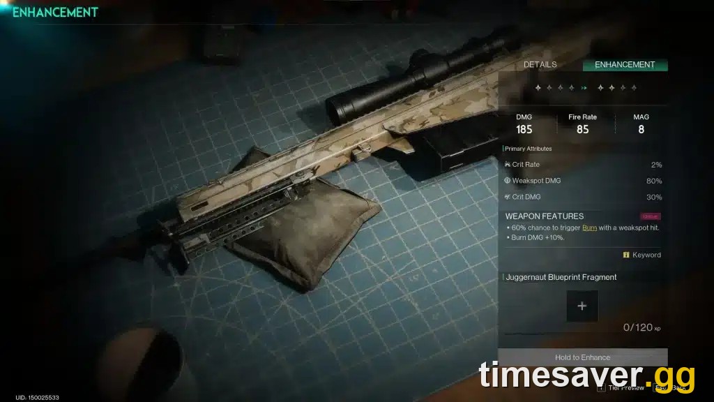 Once Human weapon enhancement interface showing a scoped rifle with calibration stats and blueprint-fragment upgrade controls