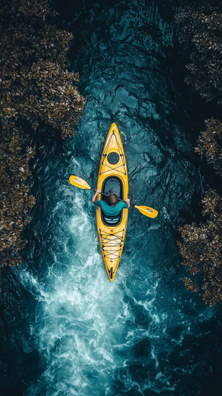Yellow Kayak on Turbulent River - Drone Photography Full HD iPhone Wallpaper (1148x2048)