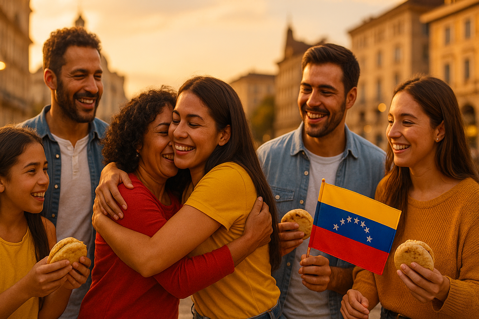 Venezolanos en el exterior reunidos en una plaza, compartiendo arepas y abrazos, con una pequeña bandera de Venezuela al atardecer