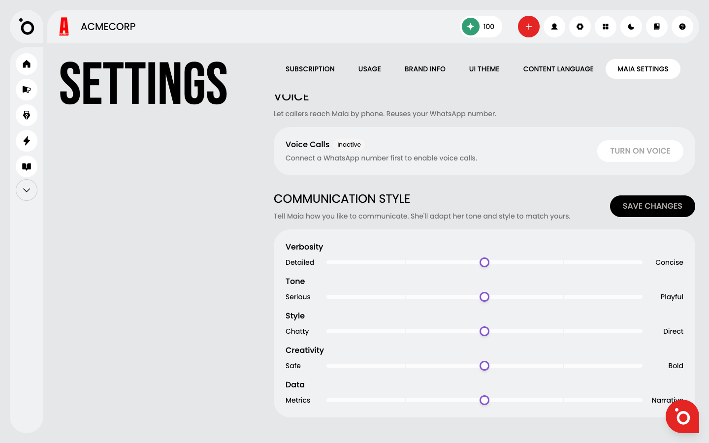 Communication Style sliders on the Maia settings page
