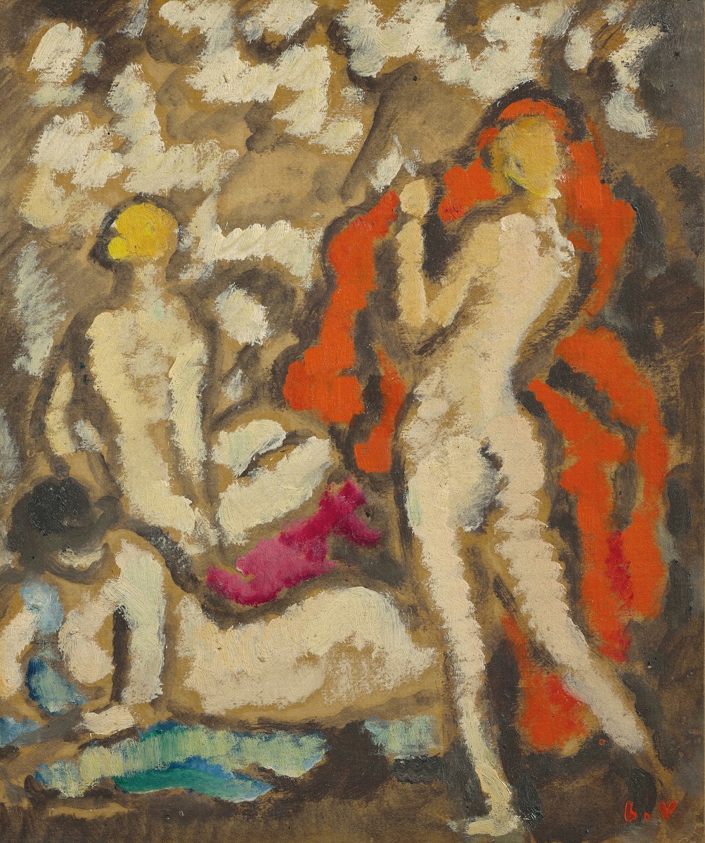 Trois jeunes femmes nues à la draperie rouge 1912