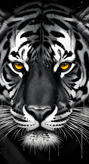 Intense Black and White Tiger Portrait with Amber Eyes Art - Free mobile Wallpaper