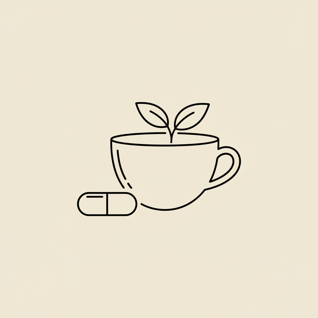 Minimal Tonum-style line illustration of a teacup, capsule, and green tea sprig on beige background, representing herbal tea for weight loss.