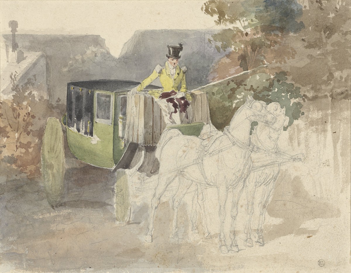 Coupétje met twee paarden in bosrijke omgeving 1810   1890