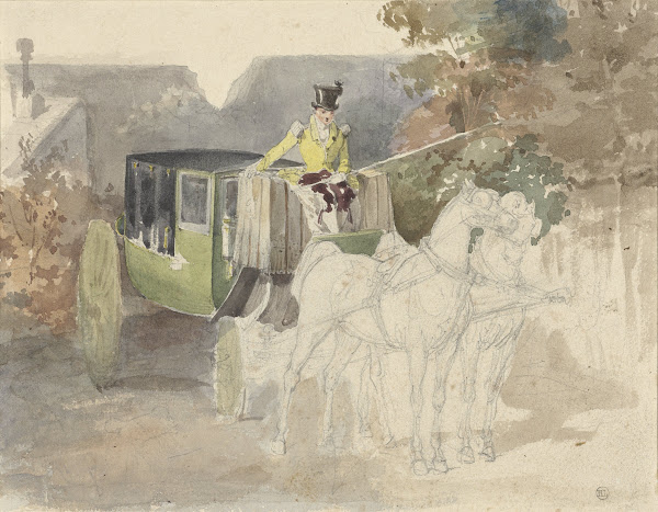 Coupétje met twee paarden in bosrijke omgeving 1810   1890