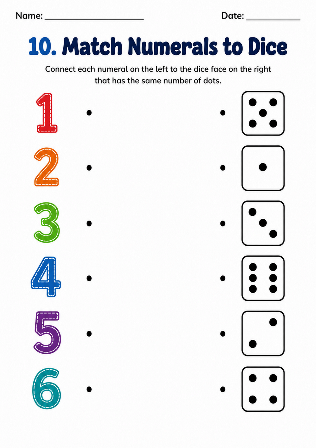 Match Numerals to Dice Worksheet