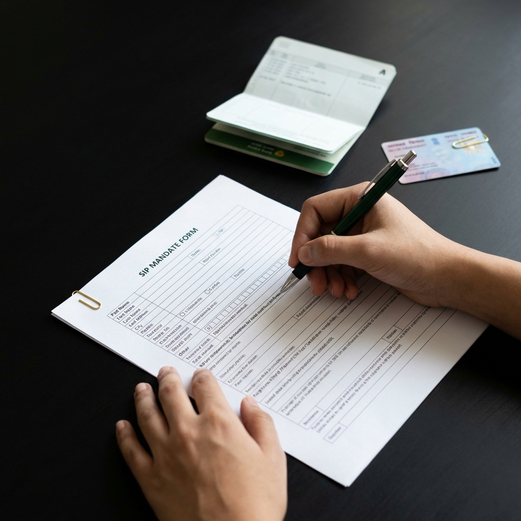 Close up of hands filling a SIP mandate form with bank passbook and PAN card nearby minimalist Finance Police styled image how to invest in share market for beginners