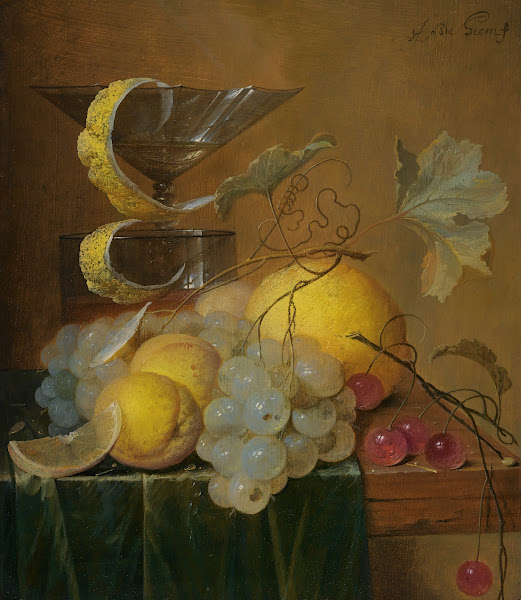 Still Life With A Wine Glass Lemon Peel Peaches Grapes And Cherries On The Corne
