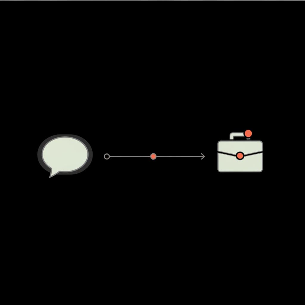 Minimal 2D vector infographic of a chat bubble morphing into a briefcase/business profile icon along a timeline arrow on black background — WhatsApp Business