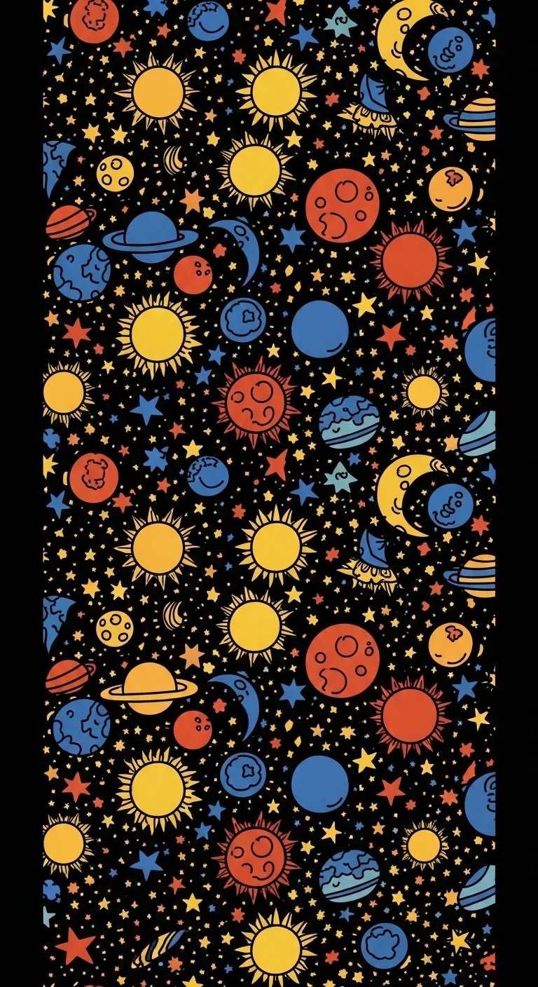Vertical Seamless Pattern of Hand-Drawn Planets and Stars in Childlike Style on Black - Free 4K mobile Wallpaper