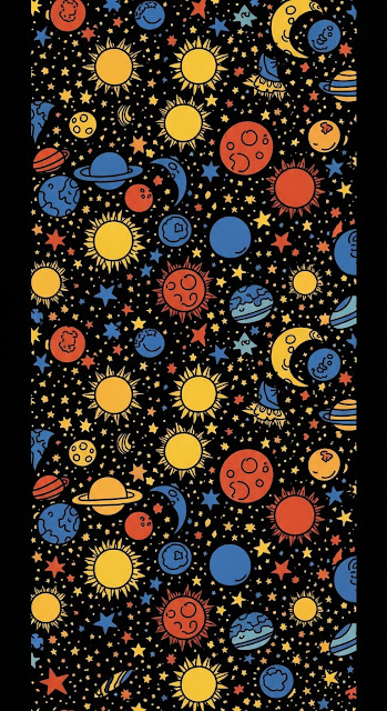Vertical Seamless Pattern of Hand-Drawn Planets and Stars in Childlike Style on Black - Free mobile Wallpaper