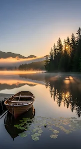 Rowboat on Misty Mountain Lake at Golden Sunrise