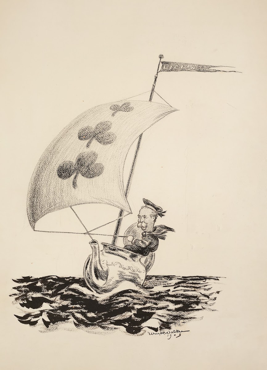 A man sailing a boat made up of a tea pot and a three of clubs card for a sail w