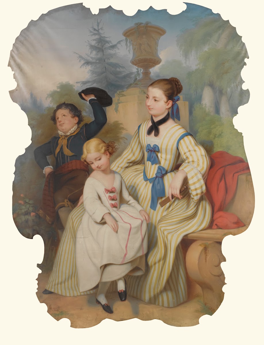 Girl With A Fan And Two Children In Elegant Dress 19th Century