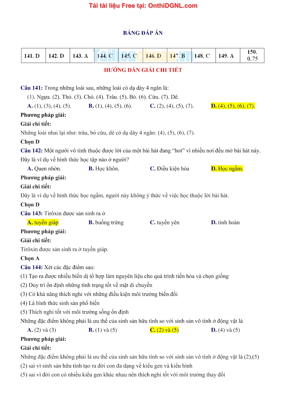 150 bài tập môn Sinh học - Ôn thi ĐGNL ĐHQG HN Phần 4