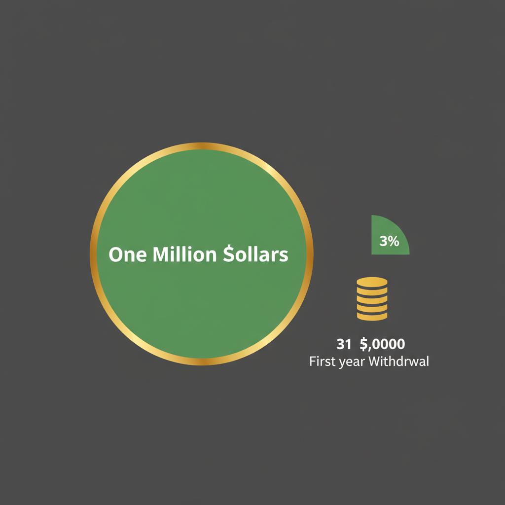 Minimal 2D vector infographic showing a one million dollars portfolio in green with a small gold wedge as a stack of coins representing a thirty thousand first year withdrawal three percent example for retirement planning tips