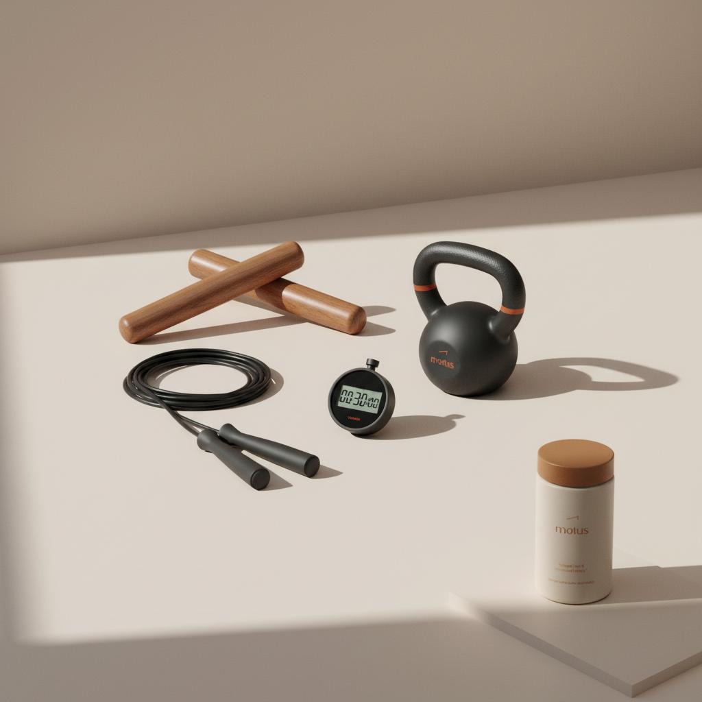Minimal still-life of kettlebell, rowing handle, coiled jump rope and stopwatch at 00:30:00 beside Motus container, illustrating how to burn 500 calories in 30 minutes