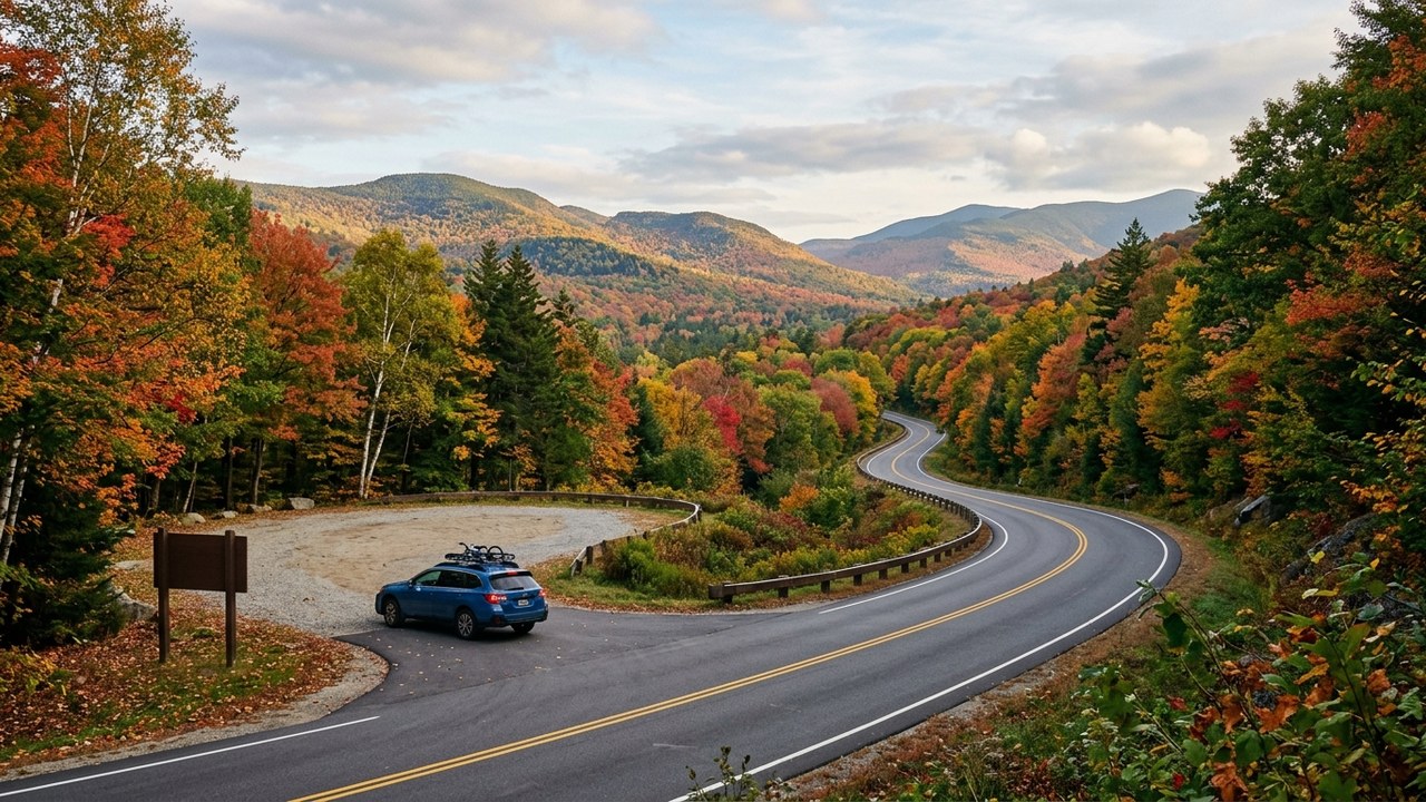 Kancamagus Highway winding through peak autumn foliage in White Mountains New Hampshire