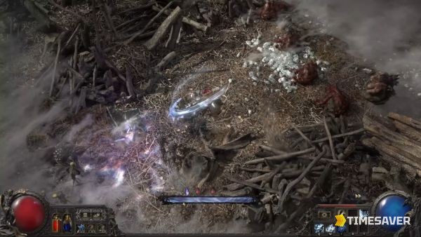 Path of Exile 2 character pushing through the grey Delirium fog in an endgame map, surrounded by Delirium monsters