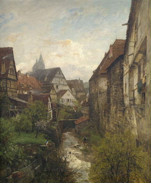 Partie in der Esslinger Altstadt am Stadtgraben mit den beiden Türmen der Stadtk