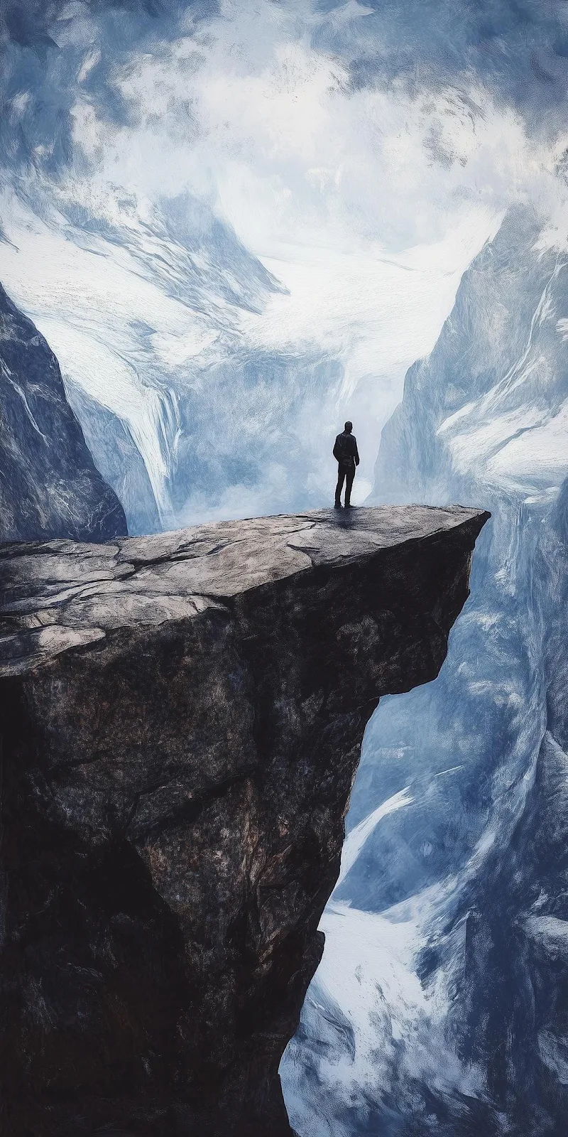 Man Standing on Snowy Cliff - Digital Painting Full HD iPhone Wallpaper (1080x2160)