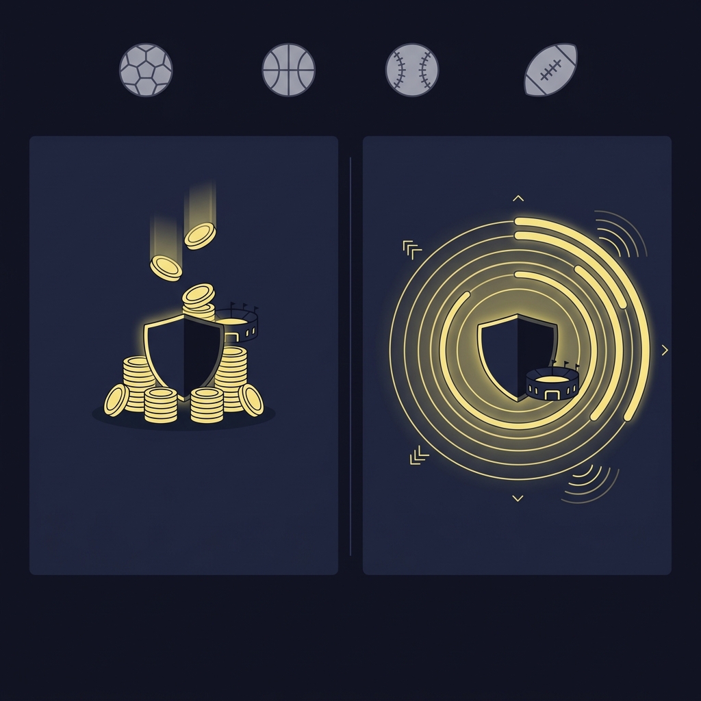 Minimalist 2D vector infographic comparing additive point adjustment and probability multiplier with soccer basketball baseball and football icons using home-field advantage in models