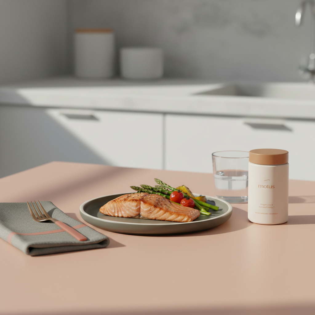 Kitchen table with Tonum Motus jar beside a grilled salmon and vegetables plate and glass of water — how can I lose belly fat very fast?