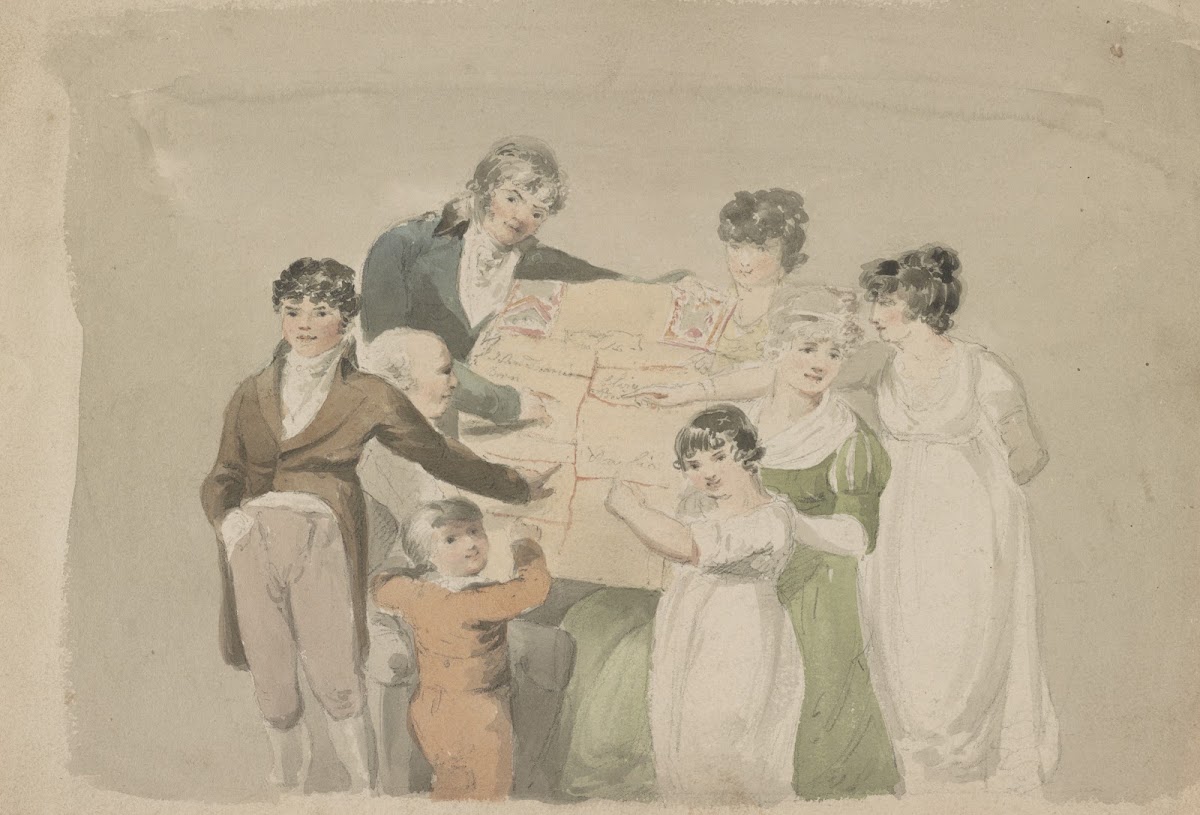 Family group  Smith his wife and six children pointing at examples of their work