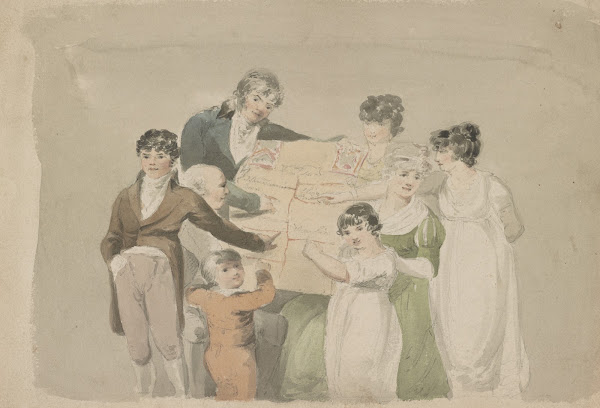 Family group  Smith his wife and six children pointing at examples of their work
