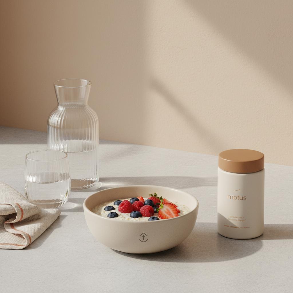 Minimalist morning kitchen scene with oatmeal, water carafe and Tonum Motus supplement container; visual for what percentage of fatty liver turns to cirrhosis in a clinical lifestyle context.