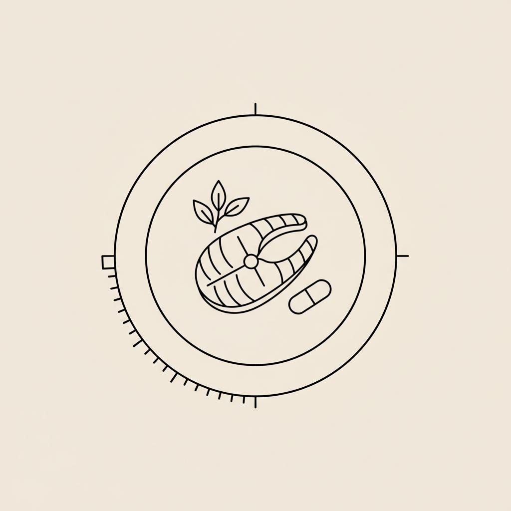 Minimal Tonum-style line illustration of a plate with fish fillet, herb sprig, capsule and tape-measure circle representing how to lose hormonal belly