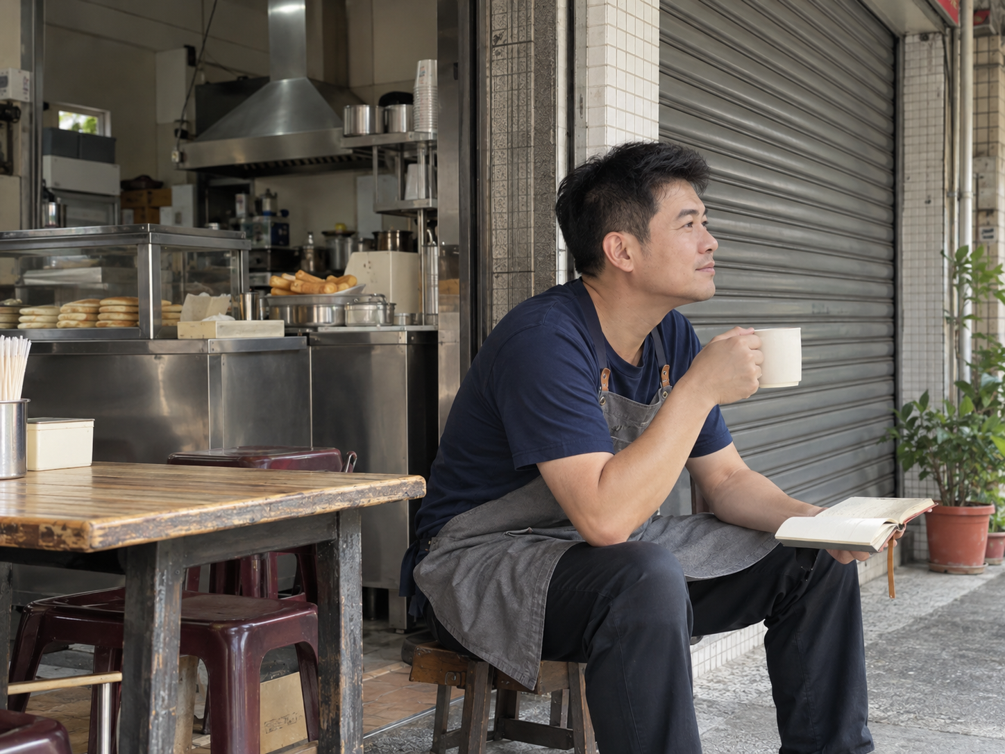 早餐店老闆在店外喝水與做筆記，短暫離開工作
