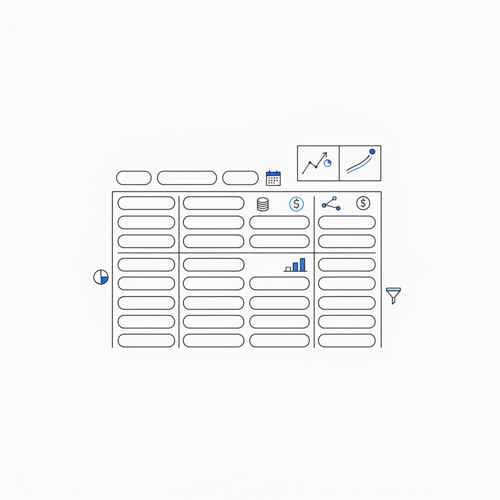 Minimal 2D vector sketched weekly tracking sheet with implied columns for lead date, CPL, conversion and job value, plus small before-and-after thumbnail &mdash; designed to advertise on Thumbtack