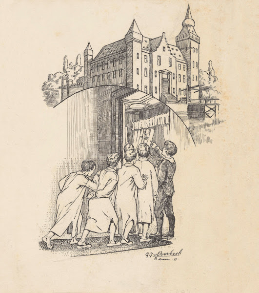 Kasteel en jongens kijkend naar een vogel 1911