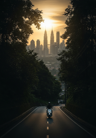 Scooter Ride Towards Kuala Lumpur Skyline