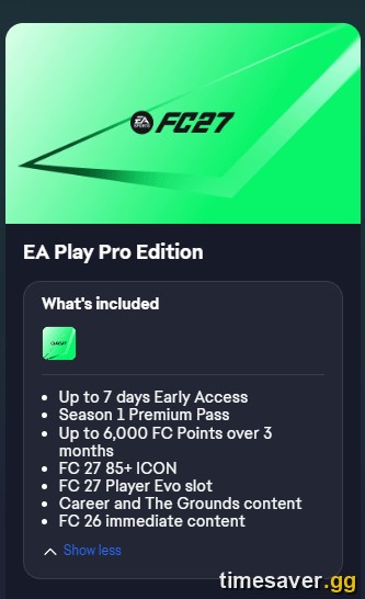 EA Play Pro Edition product card for FC 27 showing the What's included list