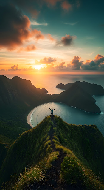 Triumphant Hiker on Mountain Ridge at Tropical Sunset - Free mobile Wallpaper