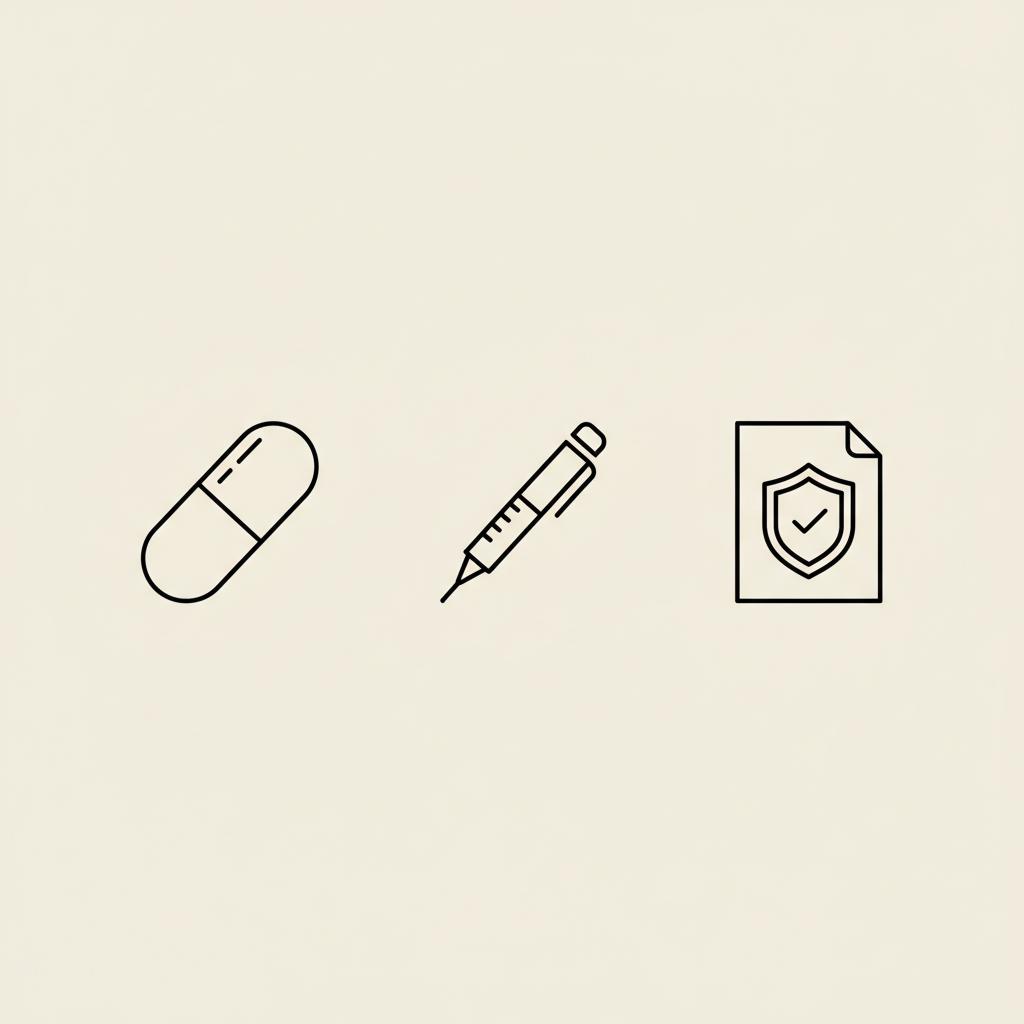 Minimal Tonum-style line illustration of capsule, pen injector, and insurance shield icons on beige background representing Zepbound price options.