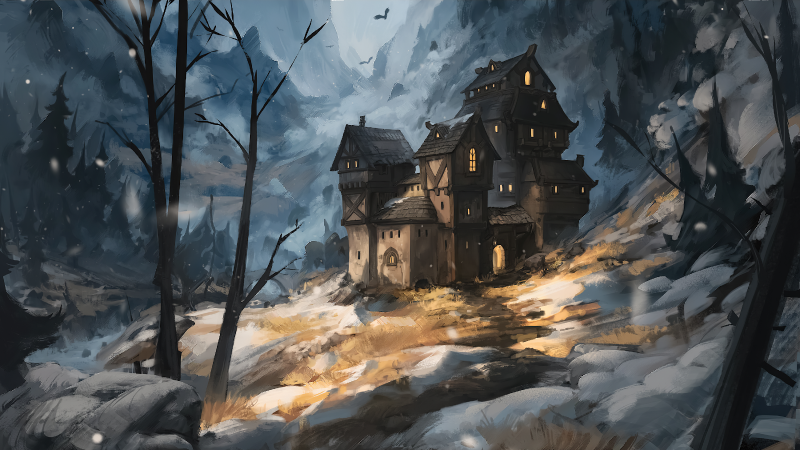 Fantasy House, Winter Landscape, Mountain House, Digital Art 4K Desktop Wallpaper