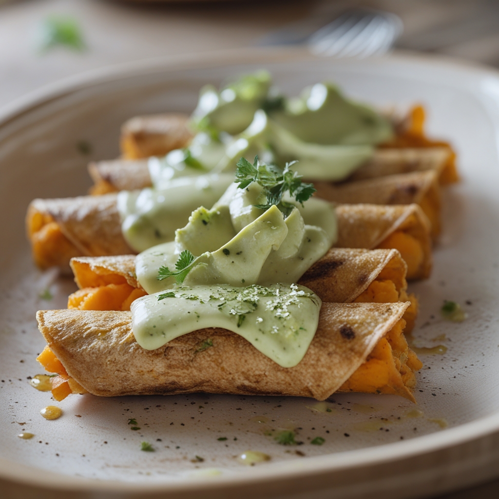 Crispy Chickpea‑Sweet Potato Taquitos with Creamy Avocado Lime Sauce