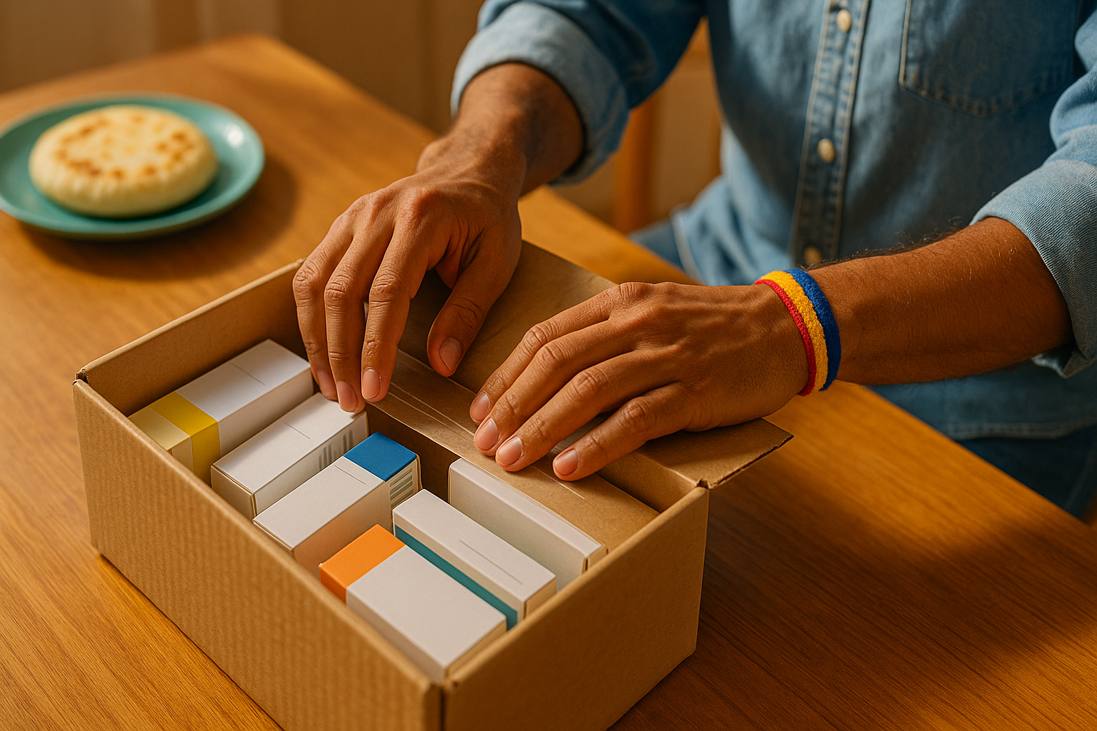 Caja de envío con medicamentos e insumos médicos para venezolanos en España