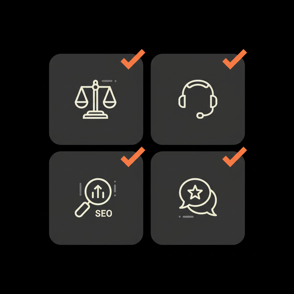 Minimal vector checklist on black background with four icons and orange check marks for legal, support, SEO and reviews, visual guide for how to remove a Google review