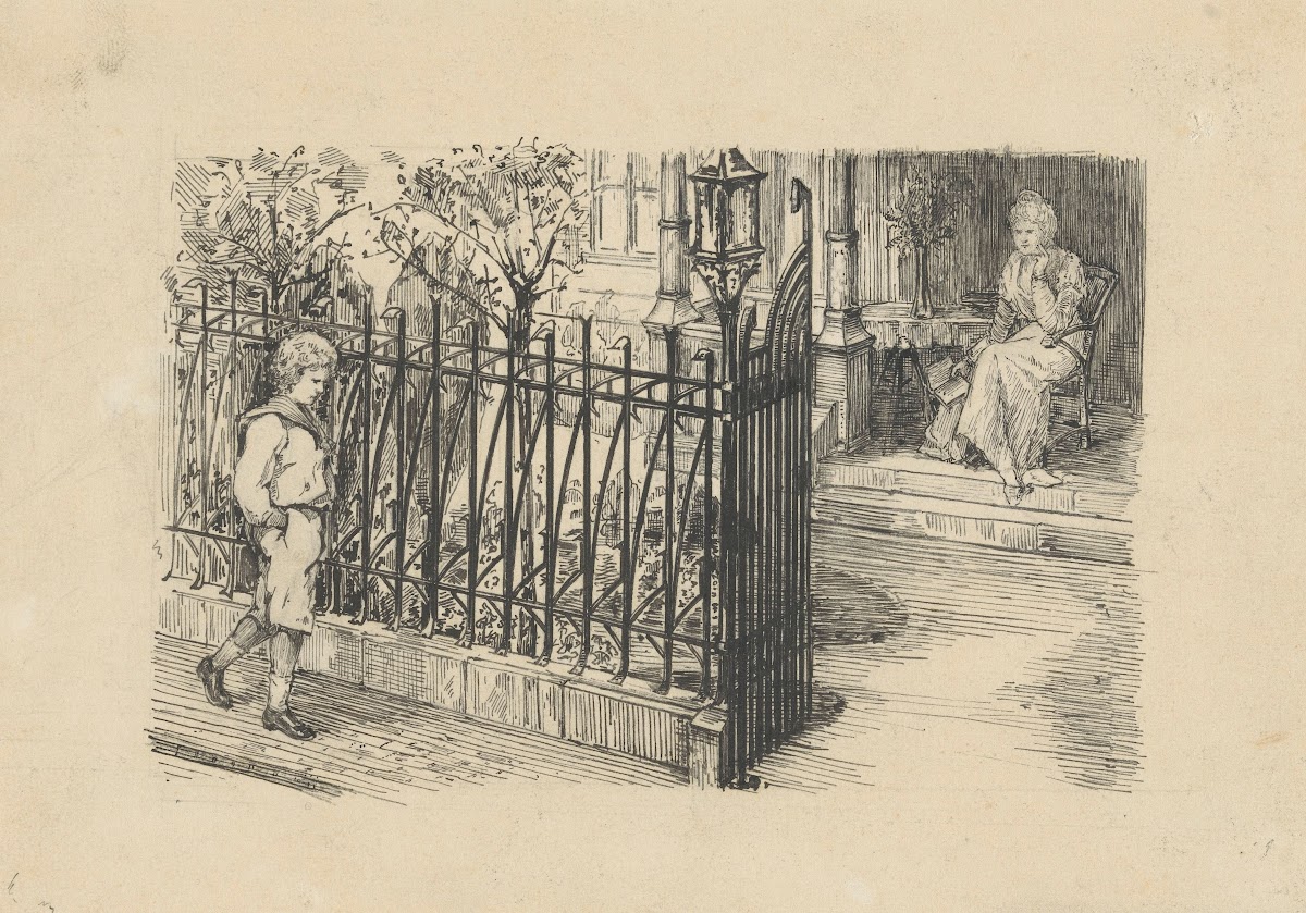 Vrouw op veranda kijkt naar wandelende jongen 1880 1920