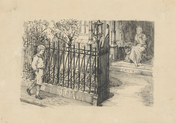 Vrouw op veranda kijkt naar wandelende jongen 1880 1920