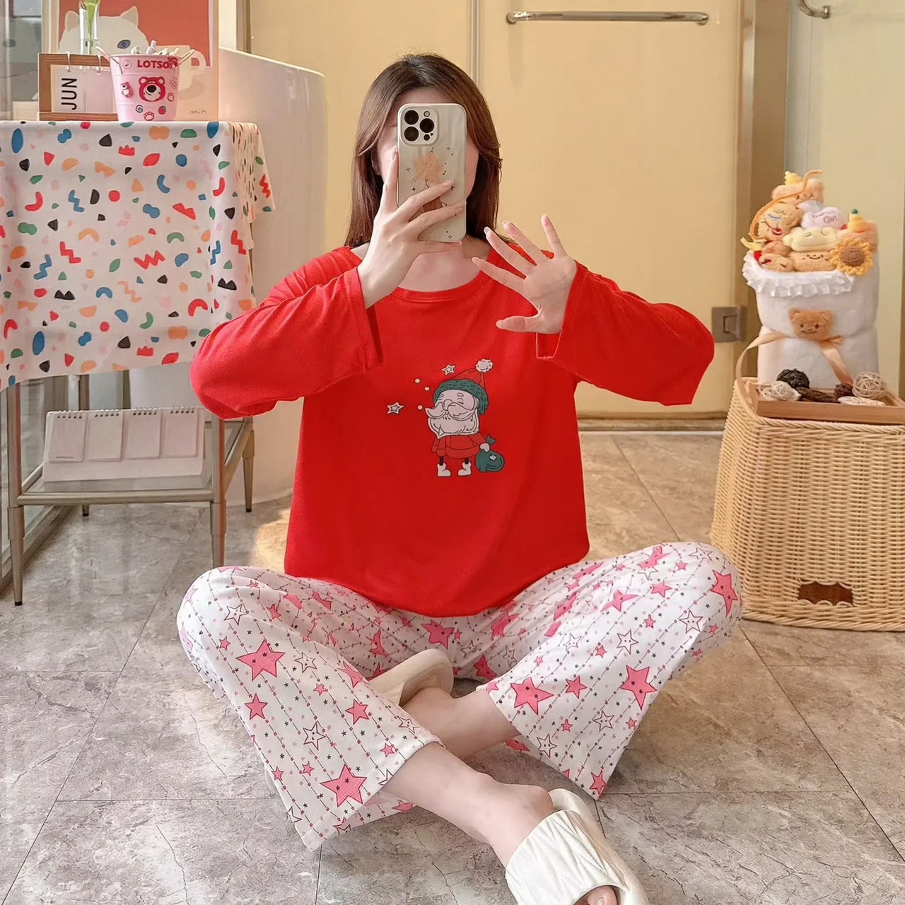 Women's Christmas Pajama, long-sleeved, with reindeer motif